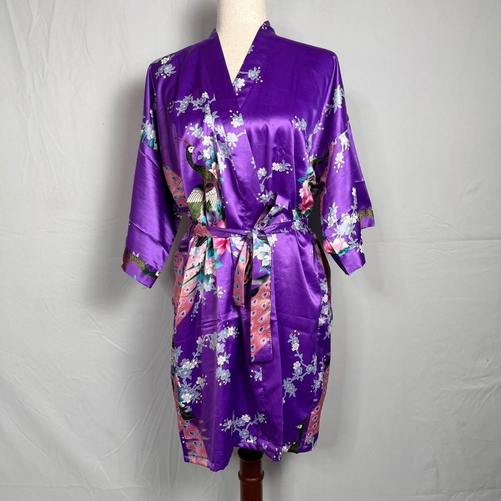 Oriental Village Silk Collection Purple Peacock Floral Satin Kimono Robe‎ NWT
